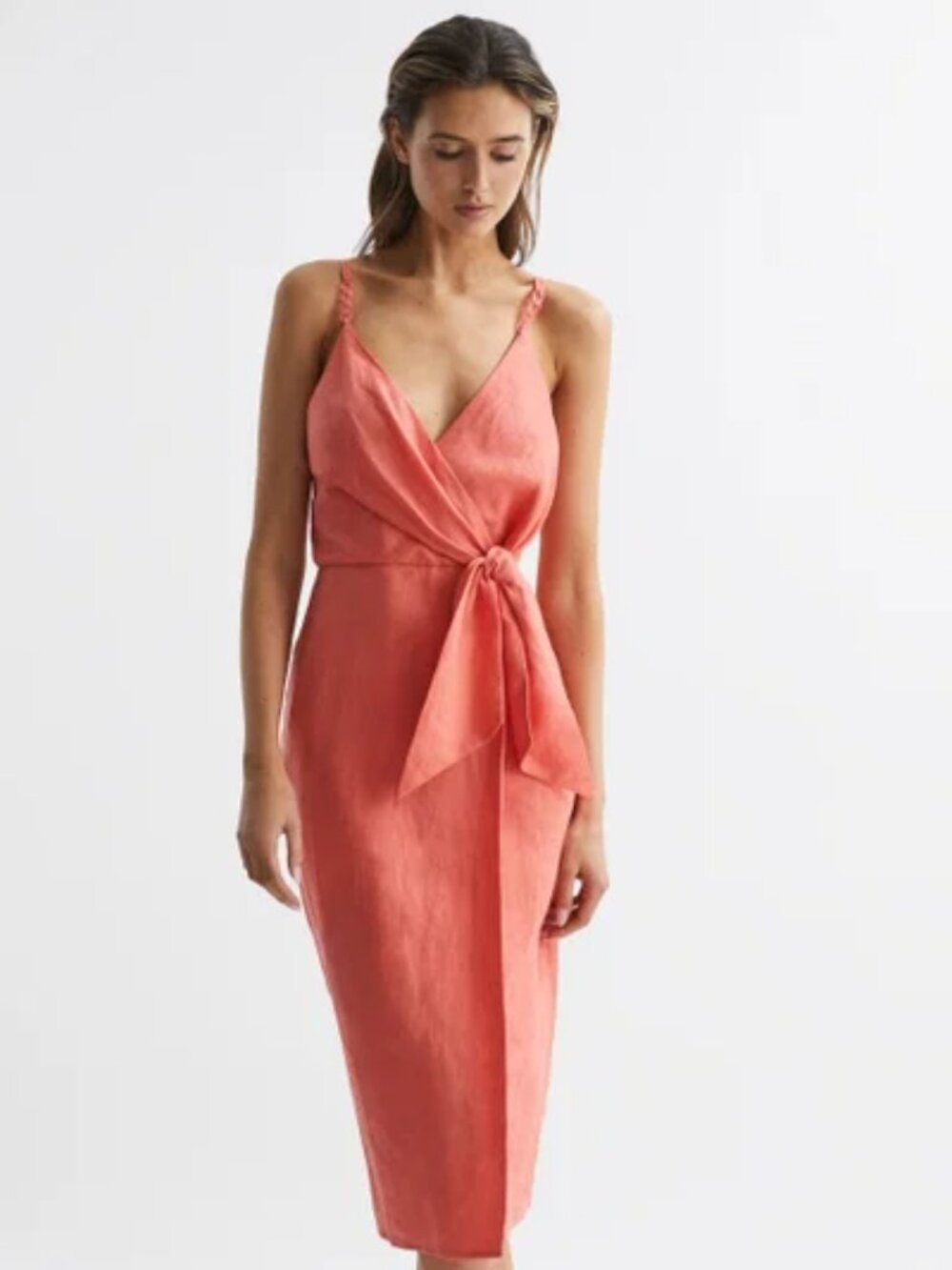 Reiss Coral Esme Linen Side Tie Midi Dress Coral US 6/UK 10 NWT